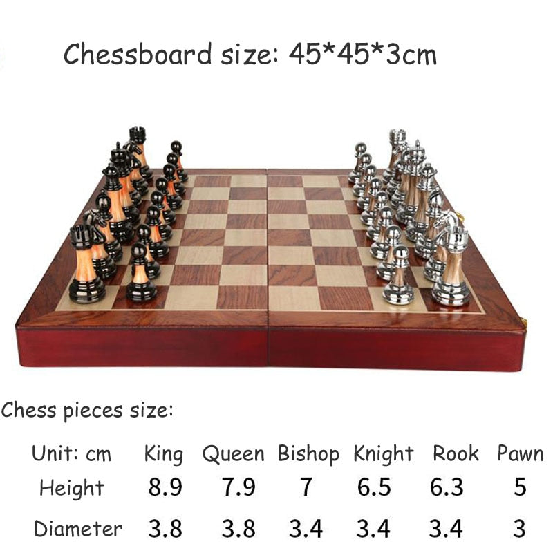 Luxurious Metal Chess Set with a Large 42 Cm Wooden Board