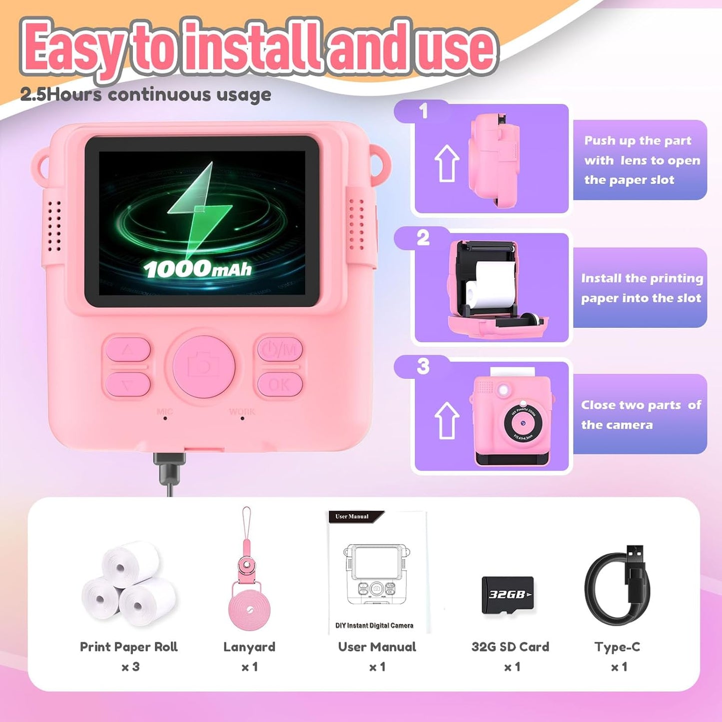 Digital Instant Print Portable Camera for Kids