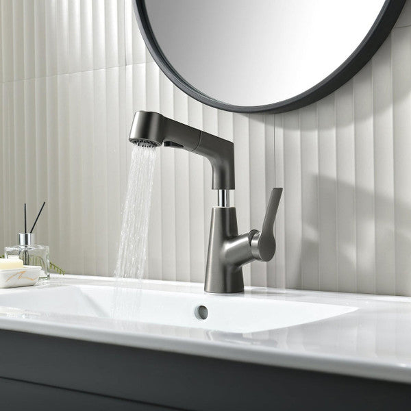 Bathroom Faucet with Rotating Retractable Hand Shower