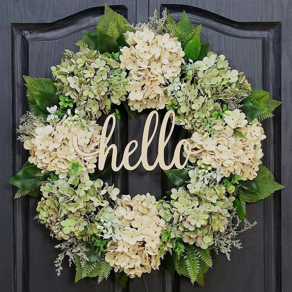 Green Hydrangea Wreath with Hello Sign