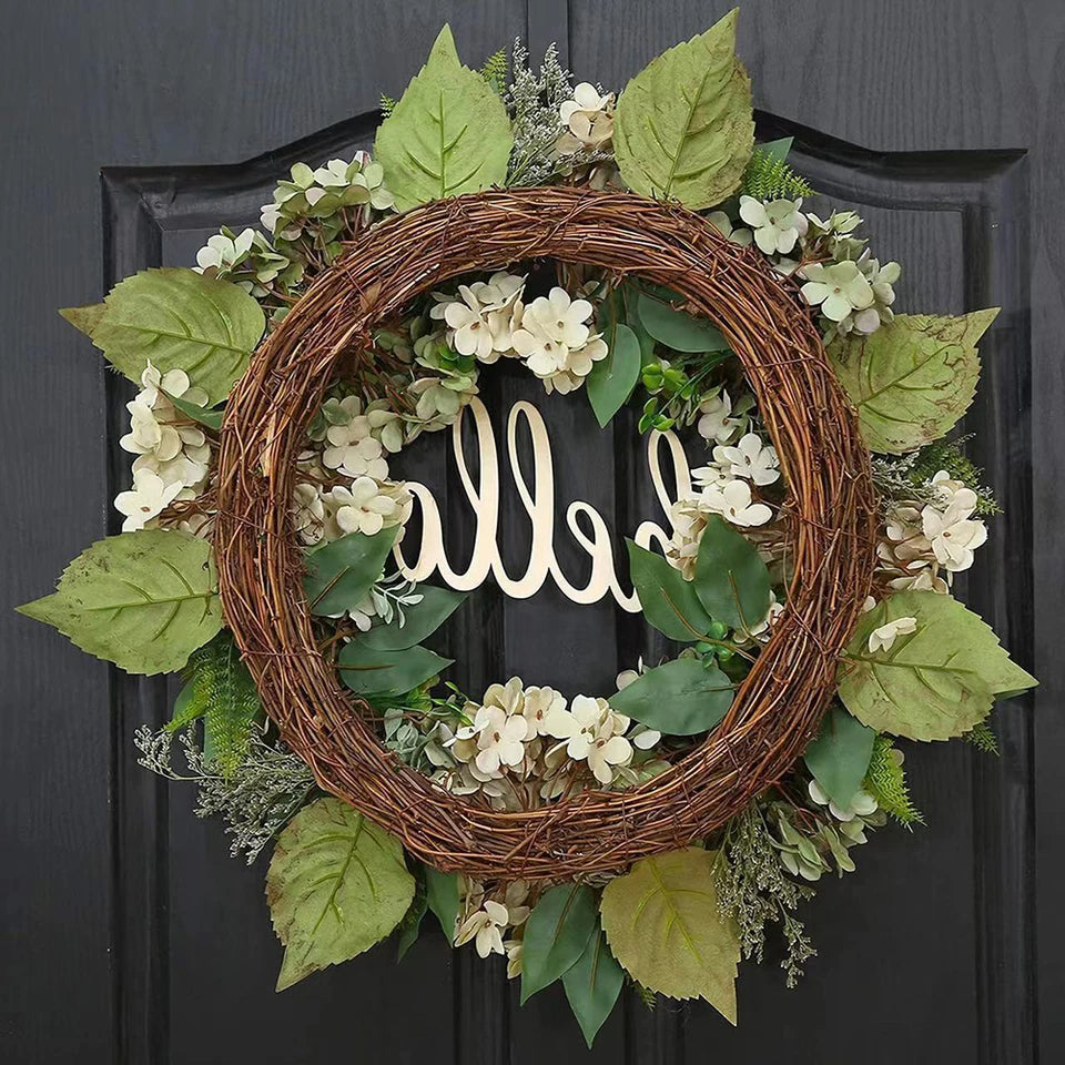 Green Hydrangea Wreath with Hello Sign