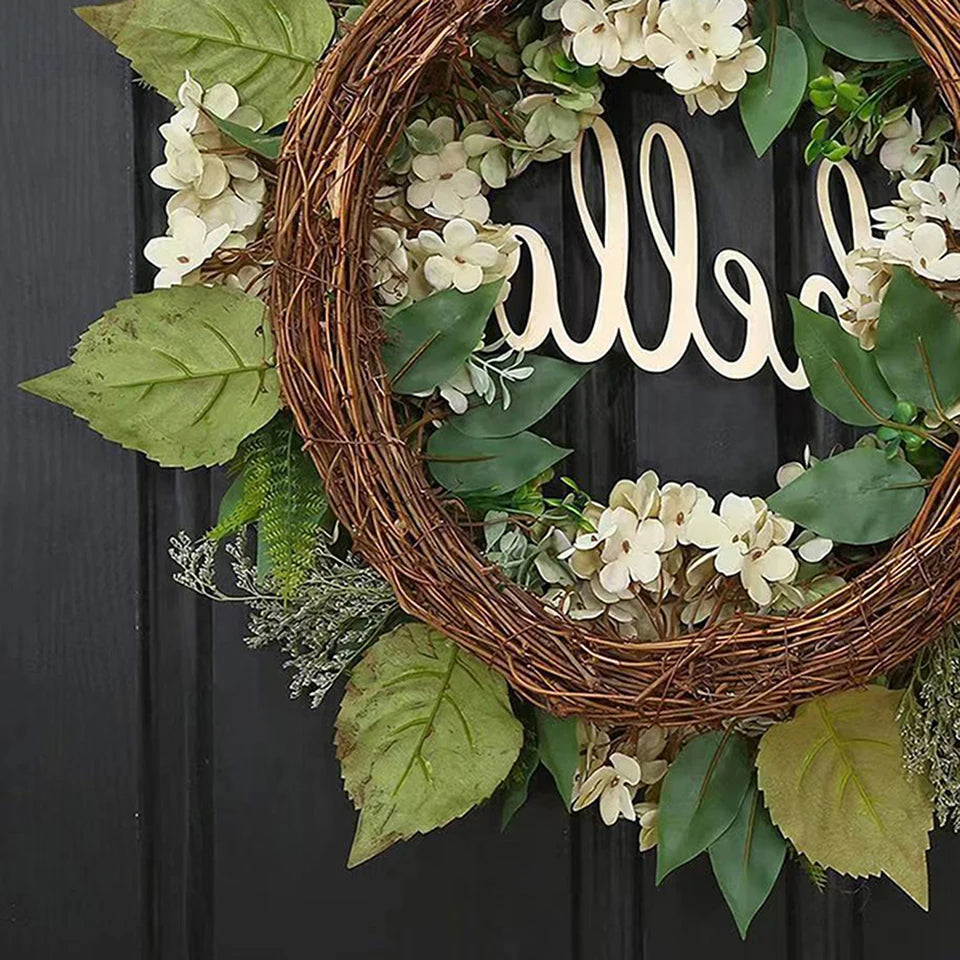 Green Hydrangea Wreath with Hello Sign