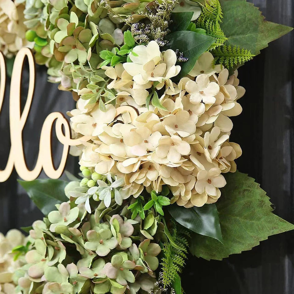 Green Hydrangea Wreath with Hello Sign