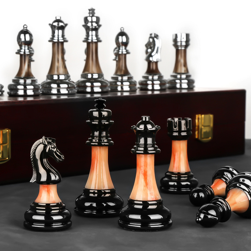 Luxurious Metal Chess Set with a Large 42 Cm Wooden Board