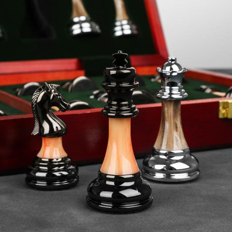 Luxurious Metal Chess Set with a Large 42 Cm Wooden Board
