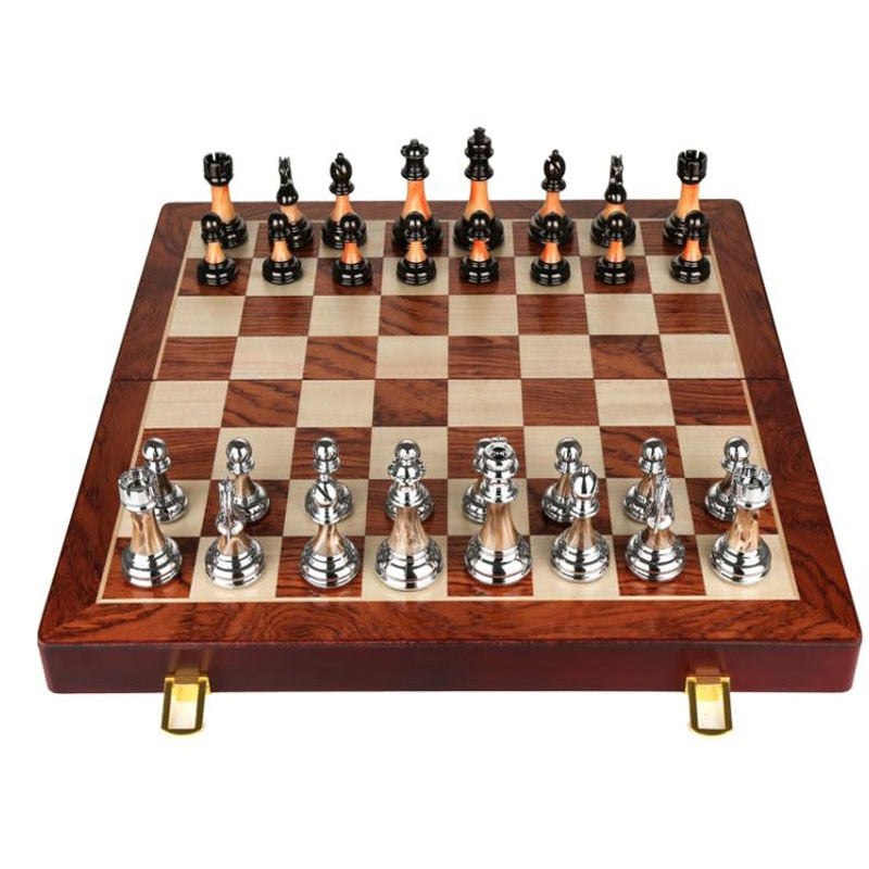 Luxurious Metal Chess Set with a Large 42 Cm Wooden Board