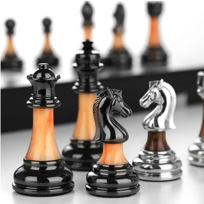 Luxurious Metal Chess Set with a Large 42 Cm Wooden Board