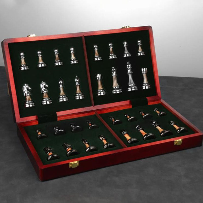 Luxurious Metal Chess Set with a Large 42 Cm Wooden Board
