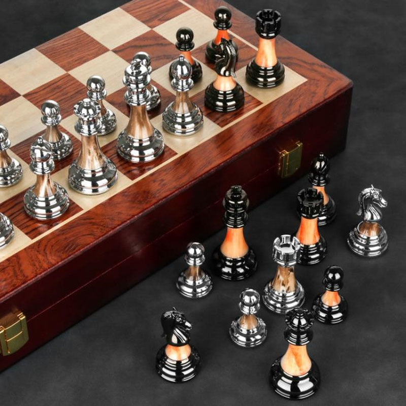 Luxurious Metal Chess Set with a Large 42 Cm Wooden Board