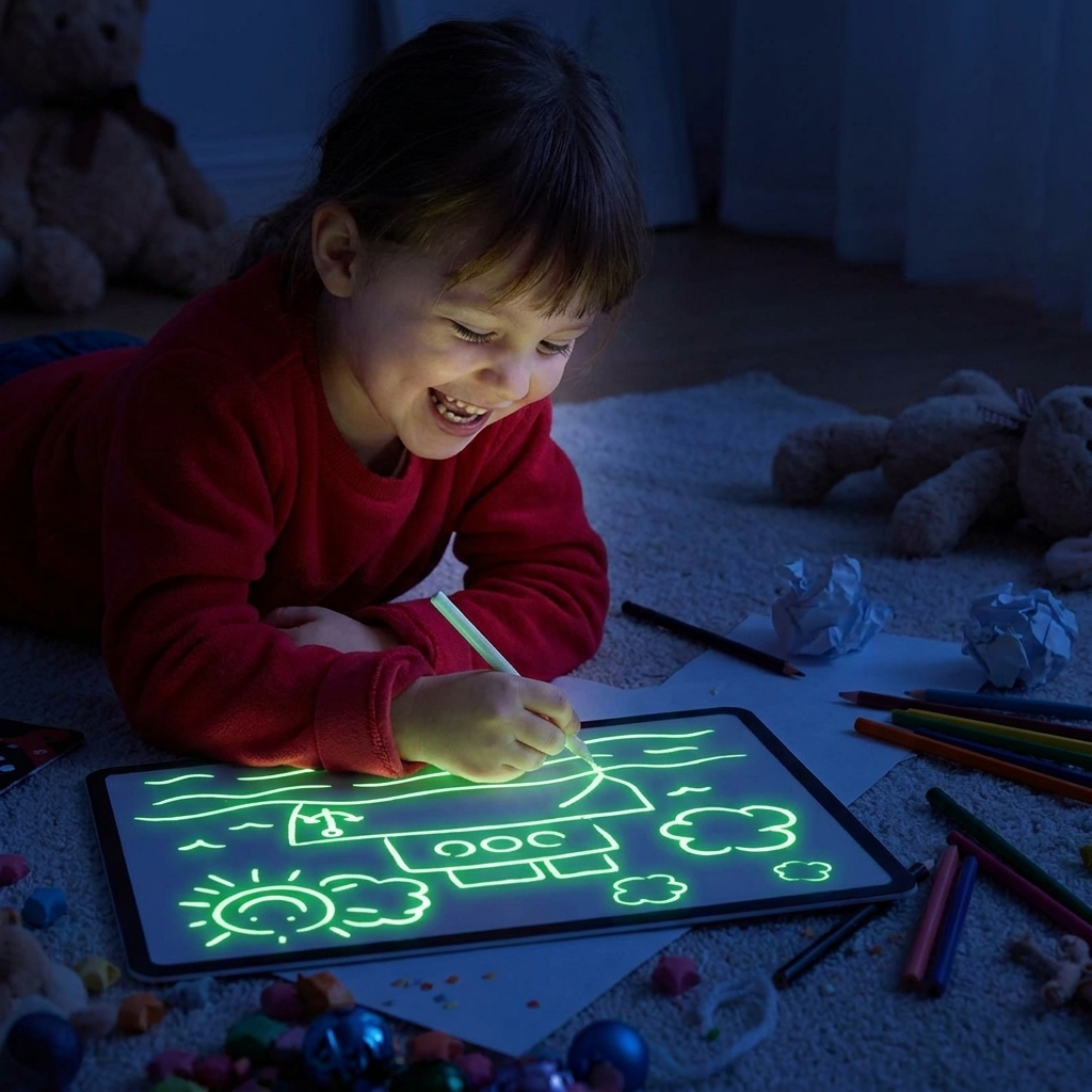 Child drawing on the glowing LED pad