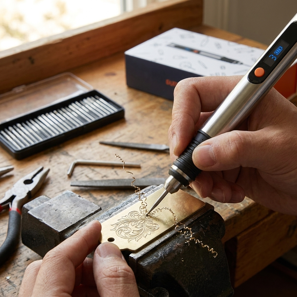 Hand engraving a metal tag with the pen