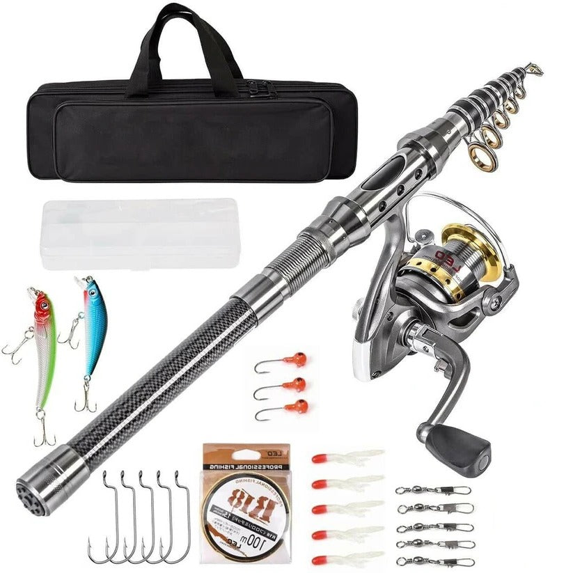 Carbon Fiber Telescopic Fishing Rod Pole Reel Combo Sea...