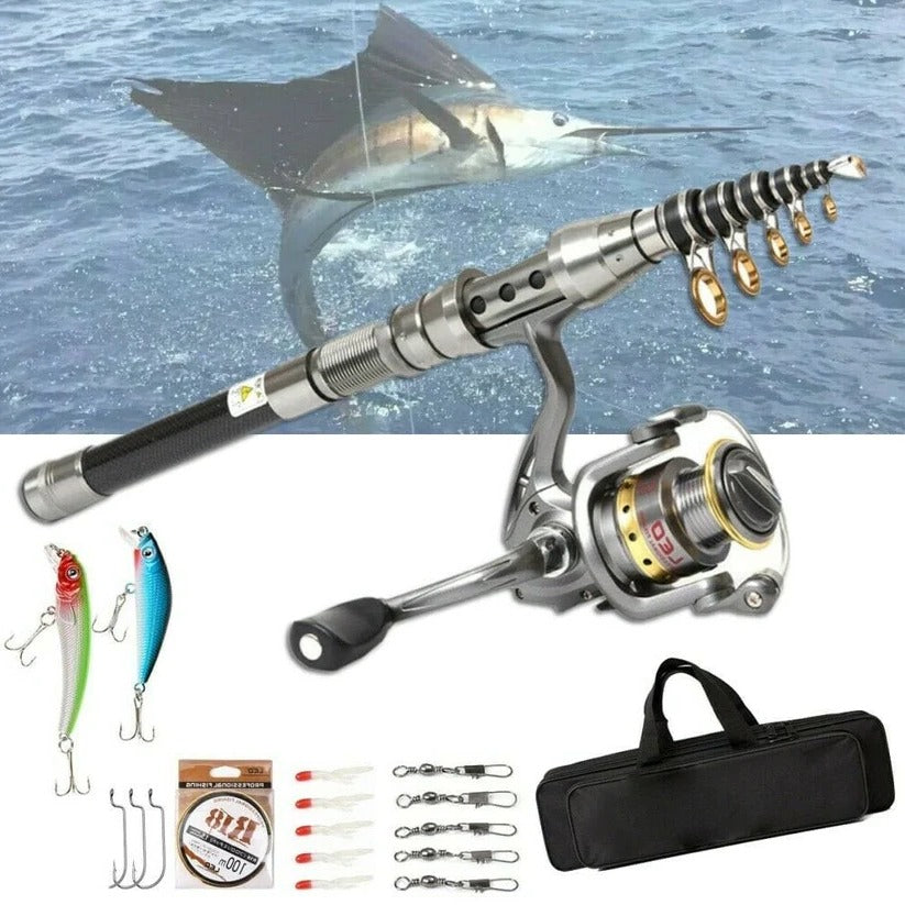 Carbon Fiber Telescopic Fishing Rod Pole Reel Combo Sea...