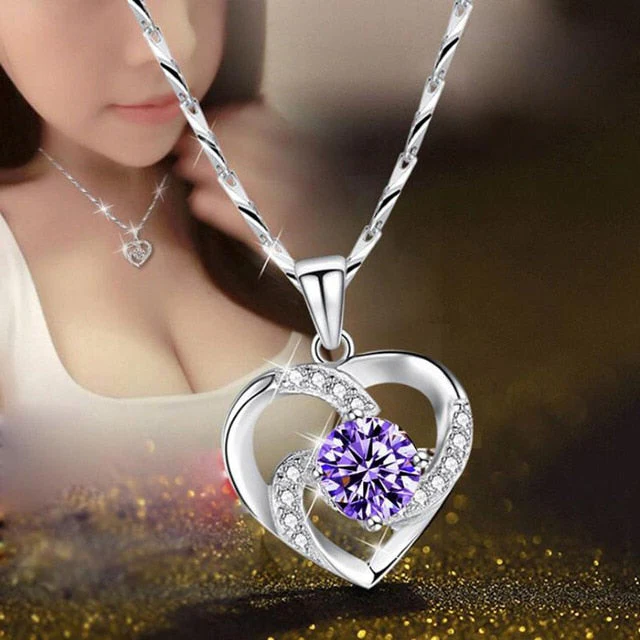 Crystal Heart Necklace - 925 Sterling Silver Pendant CZ...