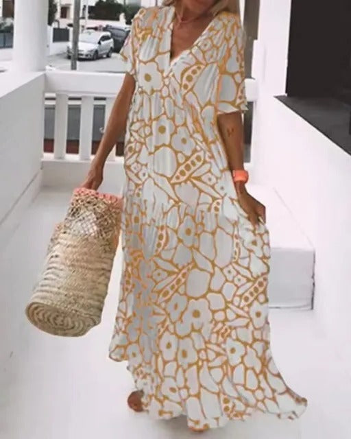 Long Dress with Short Sleeves and Print