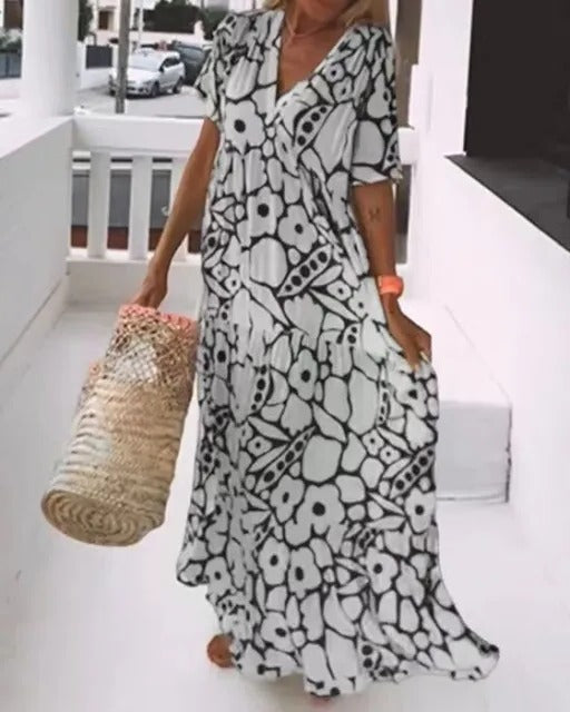 Long Dress with Short Sleeves and Print