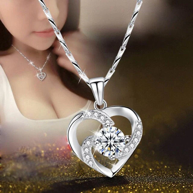 Crystal Heart Necklace - 925 Sterling Silver Pendant CZ...