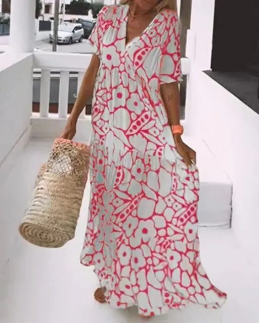 Long Dress with Short Sleeves and Print